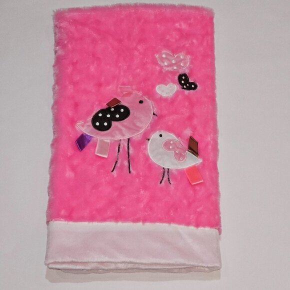 Pink Birds Hearts Tags Fleece Baby Blanket Lovey SOFT Manhattan Toy Co 118620 - Picture 1 of 5